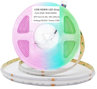 DC24V COB RGBW LED Streifen,5m Dimmbar RGB Warmweiss Flexibel Hohe Dichte Gleichmäßiges Licht,3920 LEDs,5 Draht RGBWW Streifen für Ambientebeleuchtung,nur RGBW LED Strip,Ohne Netzteil und Controller