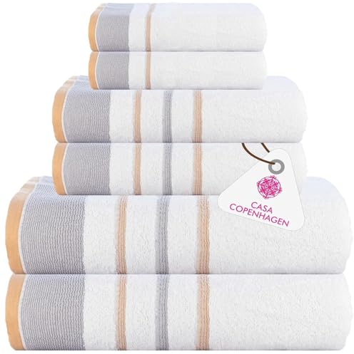 Casa Copenhagen White Bay-Handtuch aus 600 g/m² ägyptischer Baumwolle für Hotel, Spa, Küche und Bad, 6-teiliges Set mit 2 Bädern, 2 Händen, 2 Waschlappen – Weiß mit Grauem und Beigem Rand