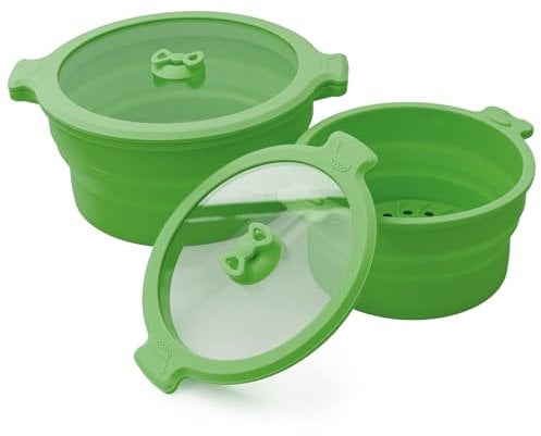 Camping Silicone bowls with Lids Collapsible Bowls for Camping Microwave Collapsible Food Storage Travel Bowl for Outdoor Hiking Camping Kitchen (Green 2 Pack 0.8L+1.4L)