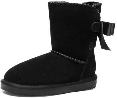 DREAM PAIRS Damen Winter Schneestiefel FuzzyChic | Schleife Echtes Wildleder Kunstfellfutter Memory-Schaum Warme Winter Kurzstiefel für drinnen und draußen