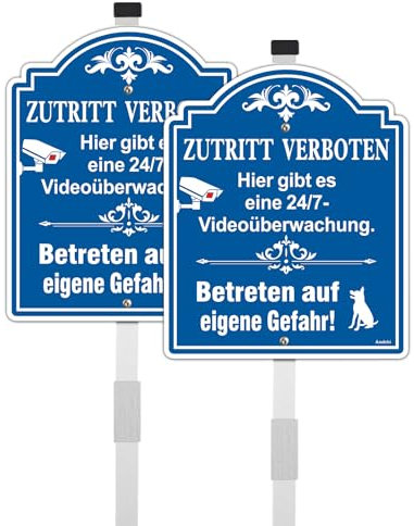 2tlg. Videoüberwachtschilder Achtung Hunde Schild mit Alu Pfahl Erdspeiß Sicherheitschilder Aluminium außen Schilder auf dem Hof, Größe 296x246mm (Blau, 24.6x29.6cm)