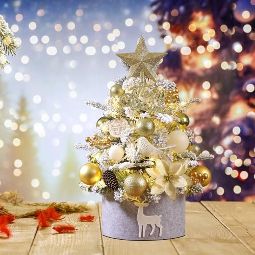 GAESHOW Mini Sapin de Noel 45 cm, Petit Sapin de Noel avec Lumineuse LED, Mini Sapin et Ornements Sapin Artificiel, Mini Desktop Arbre Décoration avec Lumières et Ornements (Oro)