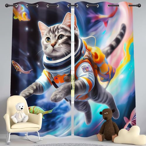 WEQEER Katzen-Fenstervorhänge Mädchen Süßes Haustier Katzen Vorhänge Cartoon-Katzenvorhang Für Schlafzimmer, 3D-Tier-Katzenvorhänge Für Kinder Jungen (5,150×166BxH (75×166cm×2))
