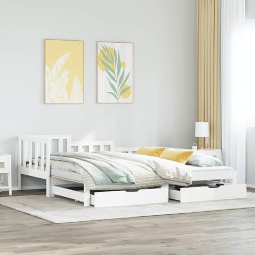 vidaXL Solid Pine Wood Daybed with Trundle & Drawers - 2-in-1 Sofa Bed - White, Serving as a Couch & Guest Bed, with Storage Units, Sizes 90x190 cm, Ideal for Living Room or Bedroom