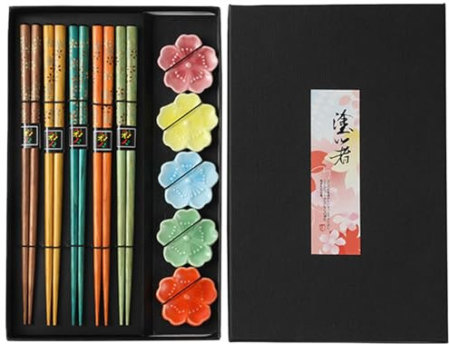 5 Paars Essstäbchen Holz Inklusive Keramik Unterleger, Sushi Essstäbchen Set Pfirsichblüte Chopsticks Mit Geschenkbox Asiatisches Besteck, Essstäbchen Mit Einer Glücklichen Bedeutung