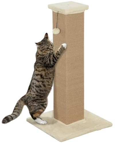PawHut Cat Scratching Post for Indoor Cats, 81cm Cat Scratcher, Vertical Full Scratcher with Natural Jute Rope, Hanging Ball and Soft Plush, Beige