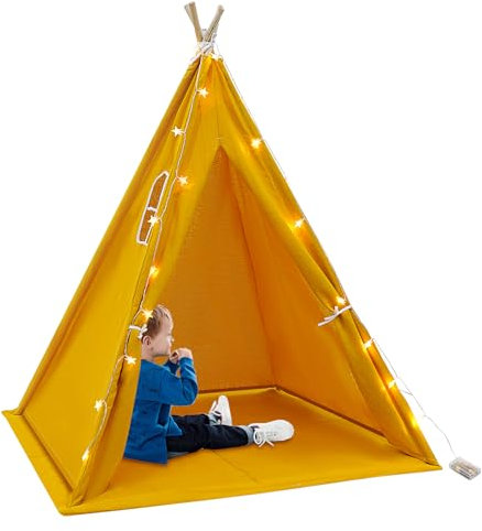 Garbenat Kinderzelt 1.6m Tipi Zelt für Kinder Indoor Kinderzimmerzelt aus Baumwolle Faltbares Tippi Kinderzelt mit Matte & Lichterkette 1-3 Kinder Spielzelt für Geburtstagsfeiern, Schlafzimmer (Gelb)