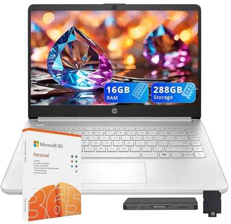 HP Stream 14 HD Laptop, Intel Processor N150, 16GB RAM, 288GB Storage(128GB UFS+160GB Docking Station Set), Intel Graphics, 1 Year Office 365, Copilot, Fast Charge, Wi-Fi 6, Win 11 S, Silver