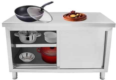 Mesa de trabajo de cocina, mesa de acero inoxidable para preparar con puertas correderas, armarios de trabajo de acero inoxidable para cocinas, garajes, jardines, bares, dos tamaños disponibles (100 x