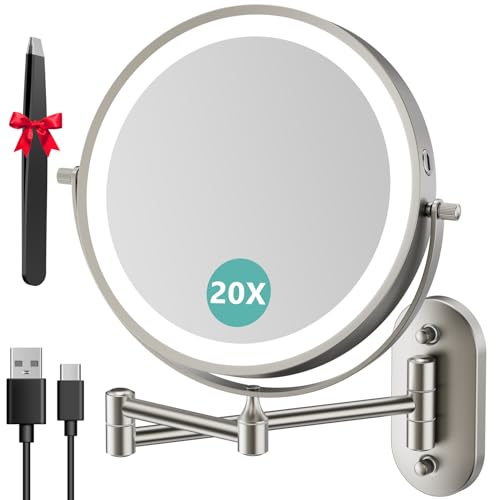Auxmir Wiederaufladbarer doppelseitiger Make-up-Rasierspiegel mit 3 Farbmodi, Nickel, 1 x 20 x