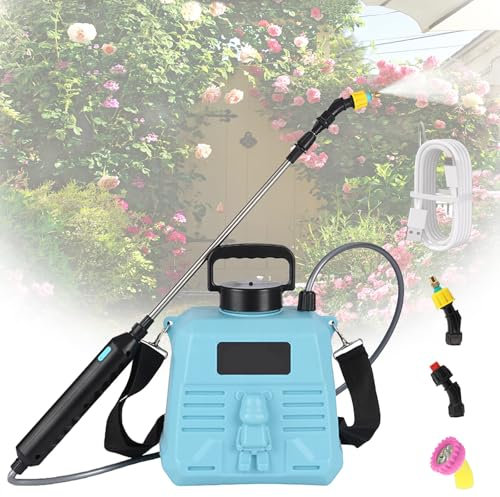 Drucksprüher, 5L Akku Drucksprühgerät Gartenspritze, Elektrischer Pflanzensprüher mit 3 Nebeldüsen& USB Ladegriff und Teleskopstab, Rückenspritze mit Verstellbare Schultergurt, Unkrautspritze