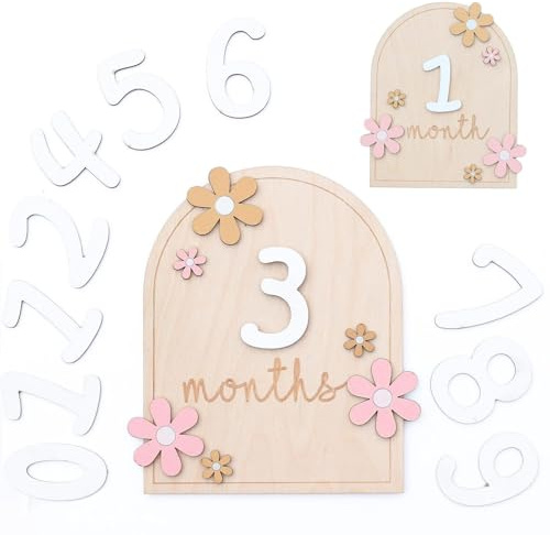 Gleemix 1 Stück Baby Monatliche Meilenstein Karten, Blumen-Stil Meilensteinkarten Baby Holz, Foto Requisiten für Monatskarten Baby 0-12 Monate,Unisex Baby Monatskarten, Babyparty Wachstumsaufzeichnung