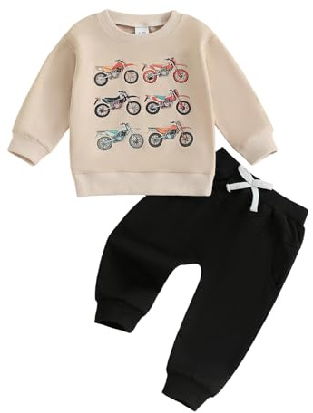 M9ppzzur7 Baby Boys 2PCS Fall Winter Clothes Sets Long Sleeve Motorcycle Print Pullover Tops with Pants Sets Outfits (Khaki, 3-4T)