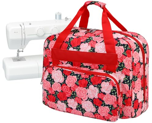 Sewing Machine Carry Tote Bag with Pockets & Handle, Rose Garden Print | Rose Garden printed universal sewing machine tote bag 43×32×21cm, portable storage for most small household sewing machines