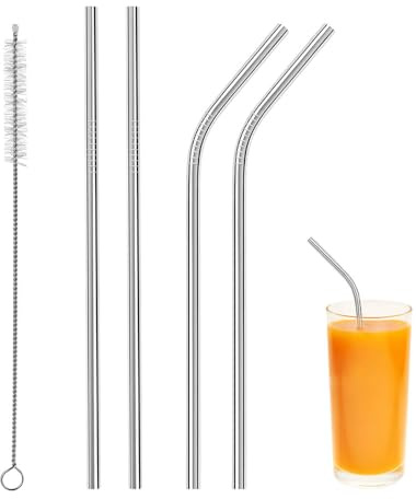 ASISUN - Paja de acero inoxidable reutilizable, 4 piezas (2 rectas + 2 curvas), 22 cm para beber con 1 cepillo, para cócteles, leche, batido, café helado