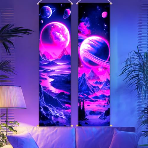 CRAFTYMELODY 2 Packung Schwarzlicht Wandteppich Mit Planetenmotiv Im Dunkeln Leuchtend Planet Berg Fluss Wandteppich UV Reaktiv Galaxie Weltraum Wandbehang Mit Seil