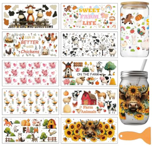 arricraft 10 Blätter Landwirtschaftstiere UV DTF Tasse Transfer Aufkleber | 24x11cm Wasserfest Rub On Sticker Möbelfolie Selbstklebend für DIY Kunsthandwerk Becher, Flaschen, 16oz Glas, Möbel
