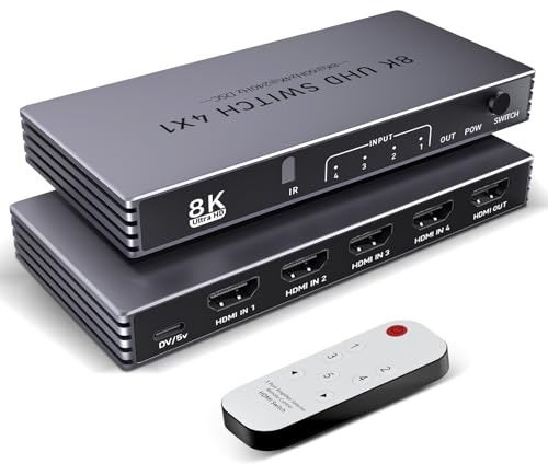 HDMI Splitter 4K 240Hz HDMI Switcher 4 in 1 Out - 8K60Hz 4K240Hz Hdmi Switch with Remote HDR10+ HDMI2.1 3D CEC HDR HDCP2.3, Add Extra hdmi Ports for TV PS5/4/3 Xbox DVD Player Nintendo PC Fire Stick