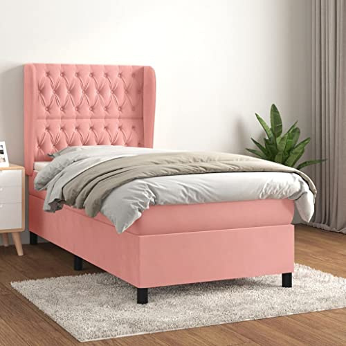 Hoopleep Boxspringbett mit Matratze, Rosa Samt Polsterbett 90x200 cm, Höhenverstellbares Kopfteil, Taschenfederkernmatratze, Mittelharte Unterstützung