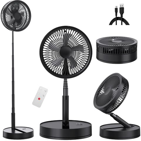 Portable Foldable Standing Fan Rechargeable - 8000mAh 8.6’‘ Oscillating | Silent Telescopic Pedestal Desk Table Floor Fans with Remote USB Battery for Bedroom Camping Travel
