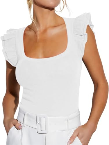 INFITTY Tshirts Women UK 2026 Summer Casual Square Neck Ruffle Sleeve T Shirt Ladies Tops Slim Fit Tshirts Tunic Tops White M