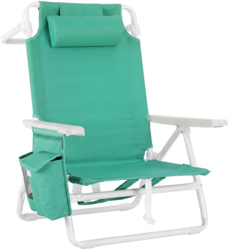 LIFERUN Silla de Playa Plegable,Reclinable,Diseño de Mochila,Piscina,Verde | Respaldo 5 Posiciones,Marco acero,Oxford 600D,Carga 150kg,Plegable,Reposacabezas,Bolsa isotérmica,Playa,Camping,Piscina,Pesca