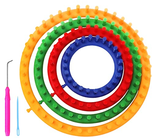 Curtzy Webrahmen Rund Plastik Strickring Set mit Haken und Nadel (6-Teilig) – Größen 14/19/24/29 cm – Webstuhl Strickstuhl Knitting Loom Reihenzähler Stricken für Looming, Mützen, Schals, Pullis