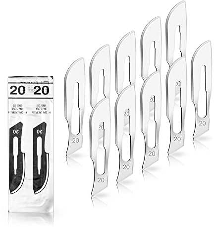 Lot de 10 lames de scalpel - Lames bistouri N° 20 - Lame chirurgicale stérile fabriquée en acier au carbone pour Manche de scalpel n°4 - emballés individuellement dans stérile