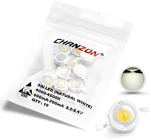 CHANZON 10pcs High Power Led Chip 3W Natural White 4000K - 4500K (Input 600mA - 700mA / DC 3V - 3.4V / 3 Watt) Super Bright Intensity SMD COB Light Emitter Components Diode 3 W Bulb Lamp DIY Lighting