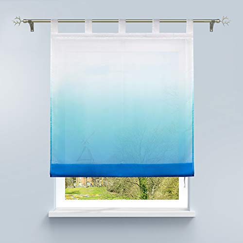 HongYa Raffrollo mit Verlauf Druck Transparenter Voile Raffgardine H/B 140/100 cm Blau Schlaufen