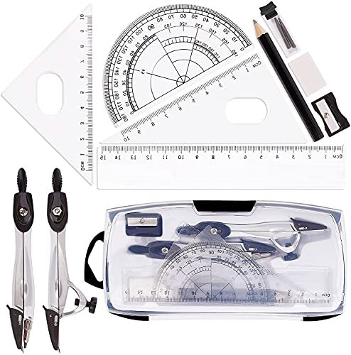 Maths Set,Geometry Set with Shatterproof Storage Box Includes Rulers Protractor Compass Pencil Lead Refills Pencil,Eraser for Students Engineering Drawings 10 Pieces