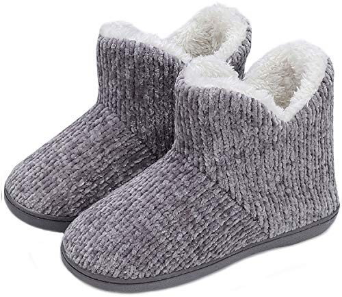 TUOBUQU Hausstiefel Damen Winter Warm Plüsch Hüttenschuhe Leicht Weich Rutschfest Gefüttert Hausschuhe Pantoffeln Stiefel Grau 40-41