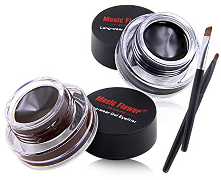 Music Flower Gel Eyeliner Set 2 In 1, Schwarz Brauner Wasserfest Langanhaltenden Gel-Eyeliner, mit 2 Pinseln, Leicht Aufzutragendes Augen Make-up und Leicht zu Entfernen, 0,21 Unzen, 2er Pack