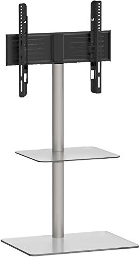 VCM TV Standfuß mit Zwischenboden | Alu Rack Fernseh | ESG-Sicherheitsglas | Maße ca. H. 100 x B. 60 x T. 45 cm - Alani Klarglas
