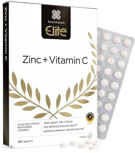 Healthspan Elite Zinc & Vitamin C (6 months’ supply) | 15mg Zinc & 80mg Vitamin C to support your immune health | All Blacks Official Partner | Easy swallow tablets | Informed Sport Accredited | Vegan