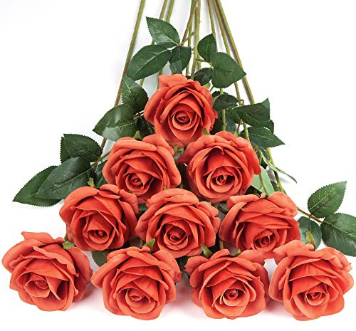 DuHouse 10 Stück künstliche Rosen Seidenblumen Fake Rose 54cm einzelnen Langen Stiel künstlich Blumen Bouquet für Brautstrauß Arrangement Hochzeit Tafelaufsatz Party Haus Küche Dekor(Korallenorange)
