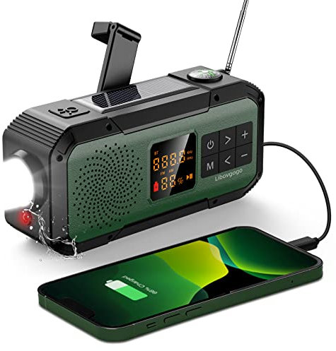 Portable Wind up Emergency Radio Waterproof Bluetooth Speaker,Auto Scan AM FM Radio with Flashlight,Strobe Light,Hand Crank Solar Outdoor Radio,2000mAH Cell Phone Charger,SOS,Camping Survival Kit