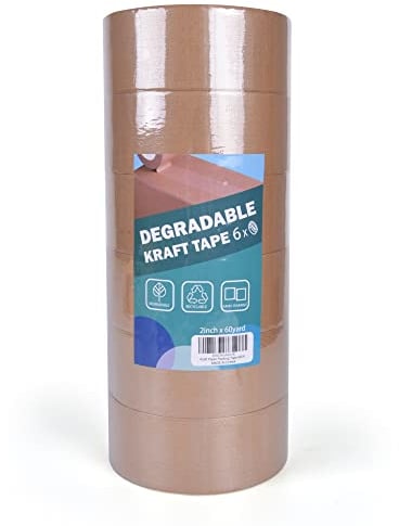 TAPEBEAR Eco-Friendly Kraft Paper Tape, Biodegradable Kraft Paper Tape, Recyclable Writable Packing Tape, Non-Coated Surface for Masking, Sealing, and Packaging Use, 2inch x 60yards, 6Rolls