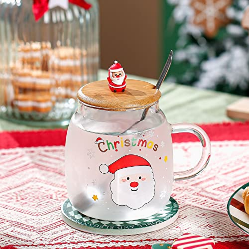 XinHuiGY Christmas Coffee Mug,Glass 3D Santa Claus Tea Mugs with Lid and Spoon,Novelty Cups for Thanksgiving Day,Christmas for Women
