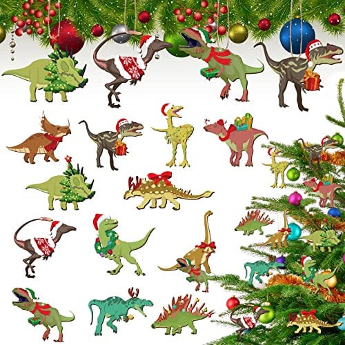 36 Wooden Dinosaur Christmas Tree Toppers & Ornaments - Funny Xmas Decorative Hanging Dinosaur Wood Cutouts for Kids & Boy Party