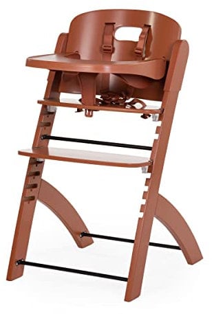 CHILDHOME, Hochstuhl für Babys, mitwachsend : von 0 Monaten bis 85KG, Inklusive Tablett, Buchenholz, Bügel, Sicherer 5-Punkt-Gurt, Unsichtbare Schrauben, Evosit rostfarben