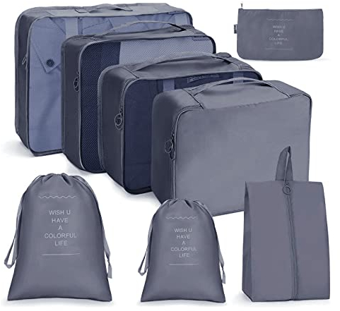 OSDUE Koffer Organizer Set 8-teilig, Packing Cubes, wasserdichte Reise Kleidertaschen, Packtaschen für Koffer, Verpackungswürfel mit Schuhbeutel, USB Kabel Tasche (Grau)