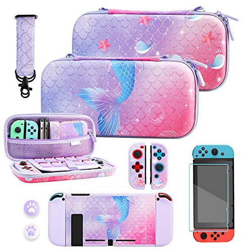 RHOTALL Étui de Transport Violet pour Nintendo Switch, Joli étui de Rangement pour Accessoires Switch avec étui de Protection Rigide, Protecteur d'écran, bandoulière réglable et 2 Capuchons de Pouce,
