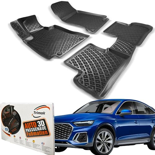 Trimak Passgenau 3D Fussmatten Auto Kompatibel mit Audi Q5 Sportback 2020-2023 Auto Zubehör 1. Und 2. Reihe Gummimatten Autos TPE Allwetter Geruchlos rutschfest Vorne und Hinten Schwartz