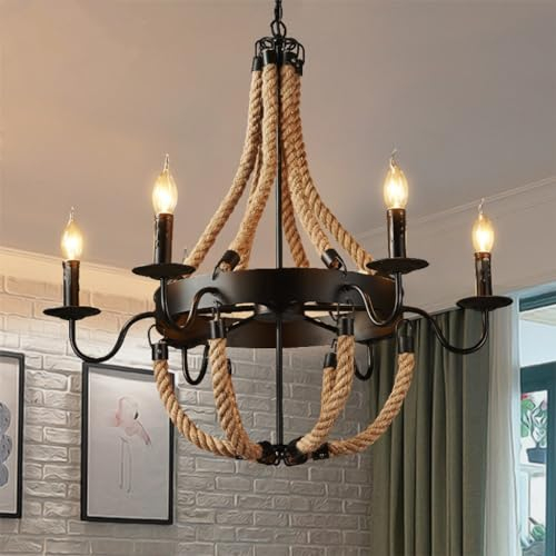 Vintage Industrie Hanf Seil Kronleuchter Vintage kreative Stil Licht E14 Restaurant Beleuchtung schmiedeeisernen Kronleuchter Wohnzimmer Dachboden Schlafzimmer Café é (Größe : 6 Heads)