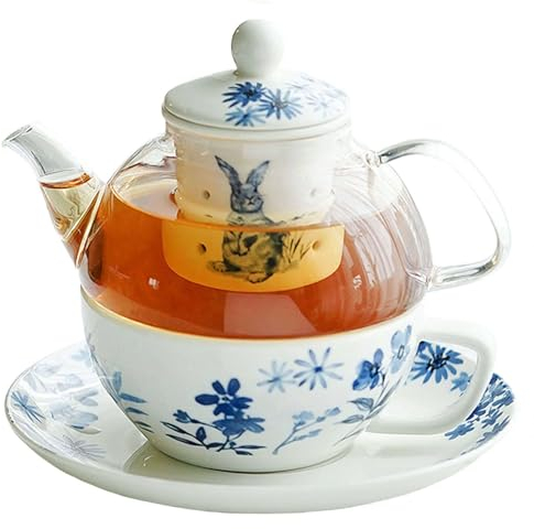 TYMYYS Tea For One Ensemble Théière Et Tasse, Service à Thé En Porcelaine Tendre, Coffrets Cadeaux Théière Pour Femme, Ensemble Théière Et Tasses-lapin-pot 400ml,Coupe 200ml