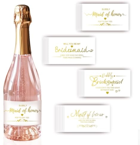 PH PandaHall 40pcs Mini Champagne Labels, Waterproof Adhesive Wine Stickers Wine Bottle Labels for Bridesmaid Proposal Bridal Shower Wedding Party, Bubbly Maid of Honor/Will You Be My Bridesmaid