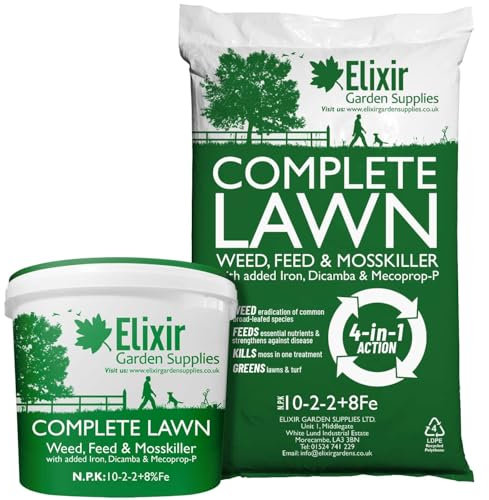 Elixir Gardens UK COMPLETE LAWN Weed, Feed & Mosskiller 10-2-2+8Fe | 4-in-1 Turf & Grass Fertiliser/Feed with Added Iron, Dicamba & Mecoprop-P | 64 Square Meters Coverage | 2kg Bag
