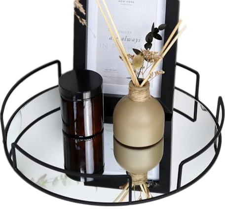 Black Round Mirror Tray 33x33cm Metal Modern Glass Decorative Serving Plate Gift