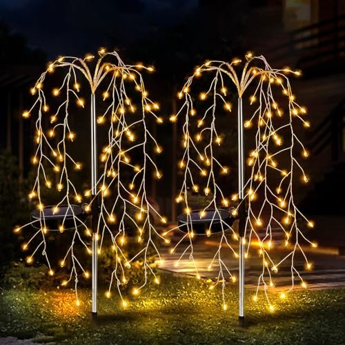 JIMACRO Solar Ground Light Outdoor, 2Pcs 240LEDs Willow Tree Lights, 8 Modes Waterproof Copper Wire Fairy Starburst Garden Decor for Walkway, Yard, Pathway, Lawn, Patio